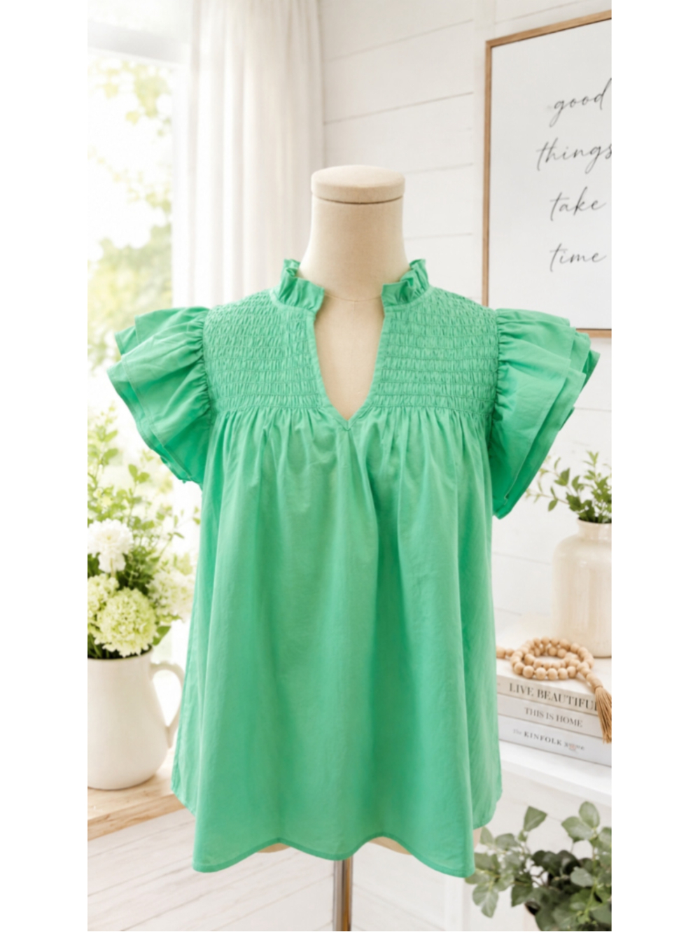 CROSBY by Mollie Burch Green Smocked Ruffle Flutter Sleeve Blouse Size S/M